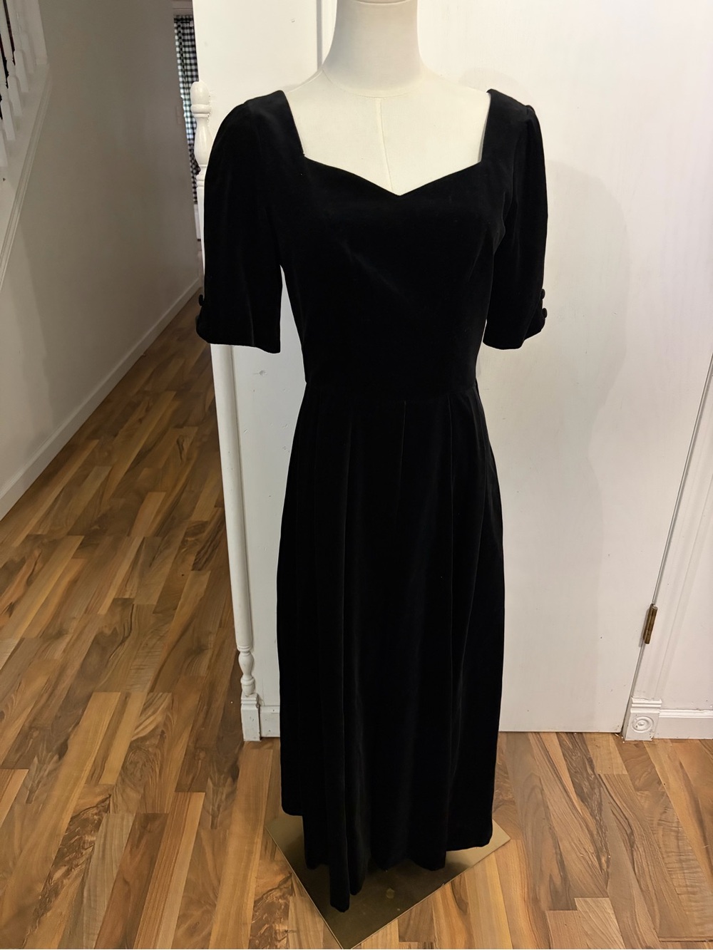 Vintage Laura Ashley Black Velvet Midi Dress, Sweetheart Neckline, Bows Back, 8
